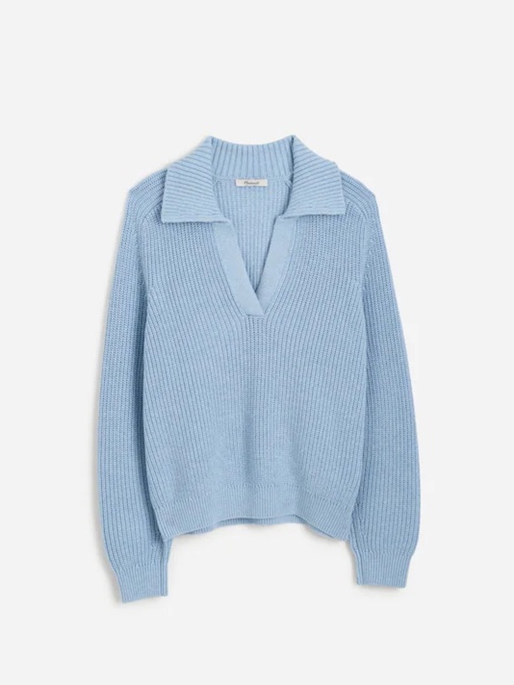 Madewell Pastel Blue Shaker stitch Johnny Collar cotton cashmere blend sweater